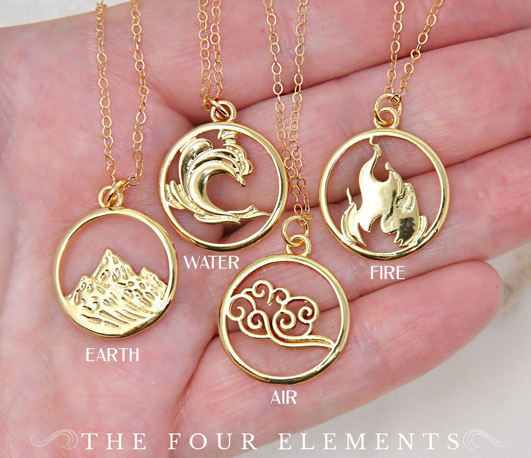 The Four Elements Necklace, Earth, Water, Air, Fire Pendants, 14k Gold Filled Chain, Bridesmaids