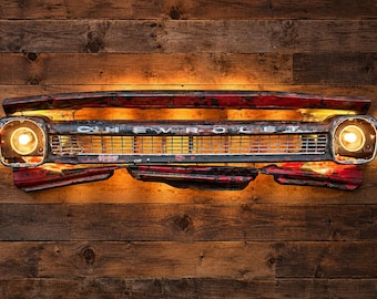 1966 Chevrolet C10 Grille Lighted Wall Art, Custom LED Vintage Truck Decor, Patina Garage Man Cave Bar Automotive Art