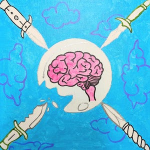 May include: A painting on a bright blue background featuring a central white circular shape containing a pink human brain. Four distinct knives point toward the center, surrounded by purple outlined cloud shapes scattered across the canvas.