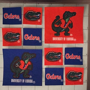 May include: A collection of square fabric patches featuring University of Florida Gators branding. The patches include blue and orange squares with the Gators logo, a stylized alligator head, and a full-body alligator mascot wearing an orange shirt.
