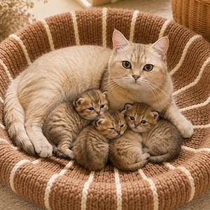 May include: A light brown adult cat with three small tabby kittens resting together in a round, knitted pet bed. The bed features a textured pattern of alternating thick brown and thin white vertical stripes, creating a soft, circular nest.