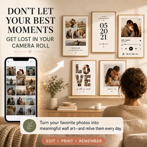 Pode incluir: Um display digital num smartphone mostrando uma grade de fotos, com cinco quadros de parede apresentando colagens, datas e gráficos de reprodutor de música. O texto diz: DON'T LET YOUR BEST MOMENTS GET LOST IN YOUR CAMERA ROLL e Turn your favorite photos into meaningful wall art—and relive them every day.