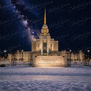May include: A night photograph of the Syracuse Utah Temple of The Church of Jesus Christ of Latter-day Saints, featuring a tall gold-tipped spire, illuminated windows, and a stone sign, set against a starry night sky with the Milky Way galaxy.