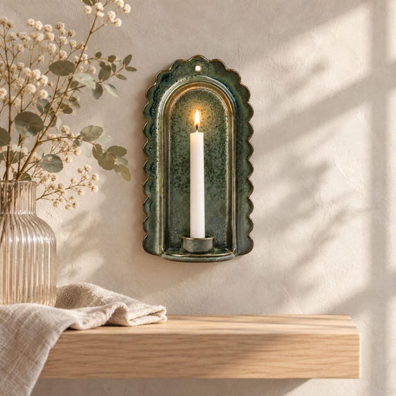 Ceramic Wall Candle Sconce, Taper Candle Holder, Green Arched Wall Decor, Handmade Pottery Home Accent