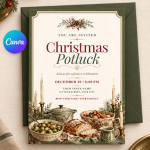 Puede incluir: Una tarjeta de invitación para una comida navideña en color crema con una ilustración festiva de platos, pan y velas. El texto dice: You are invited, Christmas Potluck, Join us for a festive celebration, December 20, 6:00 PM, Your Venue Name, 123 Your Street, Your City, RSVP: Your Name, Your Contact.