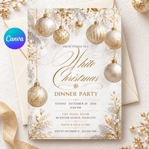 Könnte beinhalten: Eine Einladungskarte für ein White Christmas Dinner mit goldenen und weißen Weihnachtskugeln, Tannenzweigen und elegantem Schriftzug. Die Karte enthält das Datum 20. Dezember 2026 um 18:00 Uhr, den Veranstaltungsort und RSVP-Informationen.