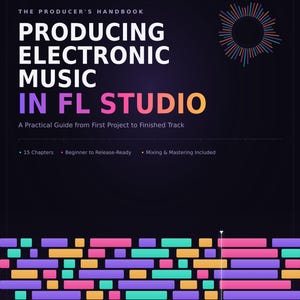 Può includere: Una copertina di libro su sfondo scuro intitolata The Producer's Handbook: Producing Electronic Music in FL Studio. Presenta un grafico circolare colorato di onde sonore, dettagli su 15 capitoli e blocchi rettangolari orizzontali.