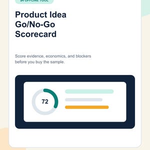 Könnte beinhalten: Eine digitale Scorecard mit dem Titel Product Idea Go/No-Go Scorecard und dem Text Score evidence, economics, and blockers before you buy the sample. Sie enthält ein kreisförmiges Fortschrittsdiagramm mit der Zahl 72 und drei Balken.