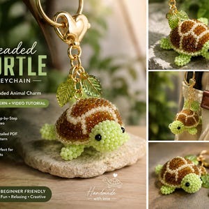 May include: A 3D beaded turtle keychain featuring a brown and white shell with light green limbs and head. The charm includes two translucent green leaf accents attached to a gold-tone metal ring and heart-shaped clasp. Text reads Beaded TURTLE KEYCHAIN.