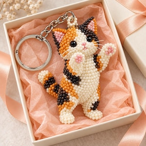 Calico Cat Beading Pattern PDF, Cute Kitten Keychain Pattern, 3D Seed Bead Animal, DIY Cat Bag Charm, Digital Download