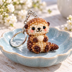 Patroon voor het maken van een zeeotter met kralen (PDF), schattige sleutelhanger met kralen in de vorm van een dier, 3D-otter met schelp, zelfgemaakte tashanger, digitale download