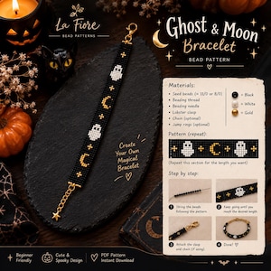 Op de afbeelding: Een kralenarmbandpatroon getiteld Ghost & Moon Bracelet met een zwarte achtergrond, witte spookjes en gouden maanmotieven. De handleiding bevat een materialenlijst, een herhalend patroonschema en vier stapsgewijze foto's.