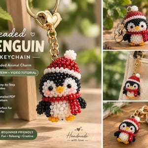 May include: A 3D beaded penguin keychain featuring a small penguin wearing a red and white Santa hat and a red scarf. The penguin is crafted from black, white, red, and yellow beads and is attached to a gold-toned metal keyring and lobster clasp.