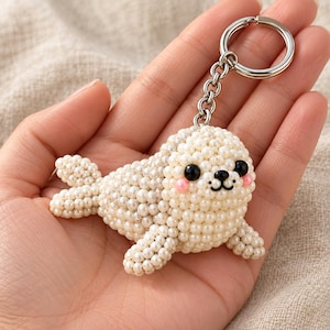 PDF-Anleitung für Robben-Perlenstickerei, Anleitung für einen niedlichen Robbenbaby-Schlüsselanhänger, 3D-Perlentier-Tutorial, DIY-Taschenanhänger im Ozean-Stil