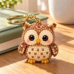 May include: A keyring featuring a three-dimensional owl figure crafted from small, round, brown and cream-coloured beads. The owl has large black eyes, a small yellow beak, pink cheeks, and yellow feet, attached to a gold-toned metal ring.