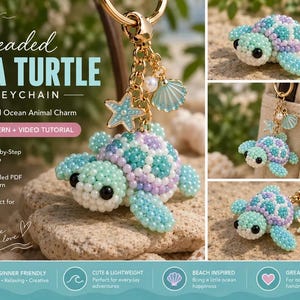 May include: A beaded sea turtle keychain featuring a 3D turtle charm made of small mint green, lavender, and white beads with black eyes. The gold-tone metal ring includes a small starfish charm, a seashell charm, and a white pearl bead accent.