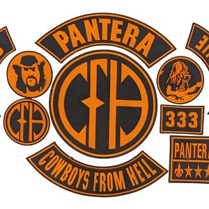May include: A collection of black and orange embroidered patches featuring the Pantera logo, the text "COWBOYS FROM HELL," "ST. DIME," "ST. VINNIE," "333," and "PANTERA," along with circular patches displaying the "CFH" monogram and portraits.