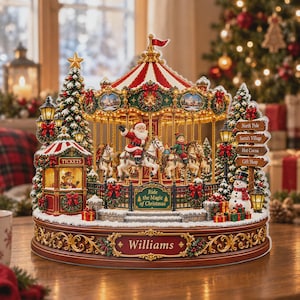 May include: A Christmas carousel decoration featuring Santa Claus and an elf riding horses. The structure includes a ticket booth with a bear, a snowman, and signs reading North Pole, Santa's Village, Hot Cocoa, Gift Shop, and Ride the Magic of Christmas. The base is labeled Williams.