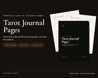 Puede incluir: Páginas imprimibles del Libro de las Sombras con Tarot Journal Pages, incluyendo texto como Three-card spread y Daily tarot pulls. El set incluye hojas en blanco y negro con un icono de luna creciente para registrar lecturas de tarot.