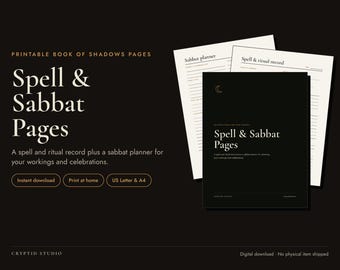 Puede incluir: Páginas imprimibles para el Libro de las Sombras que incluyen un planificador de Sabbat y un registro de hechizos y rituales. El conjunto presenta una portada negra con texto blanco y dos páginas interiores crema con líneas negras.