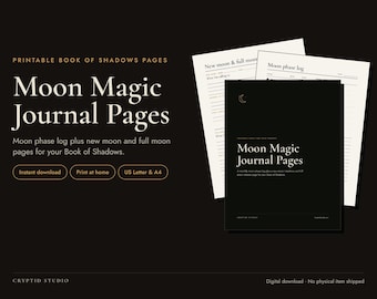 Puede incluir: Páginas de diario Moon Magic imprimibles para un Libro de las Sombras. El conjunto incluye un registro de fases lunares, páginas de luna nueva y luna llena. El texto dice Moon Magic Journal Pages y Cryptid Studio.