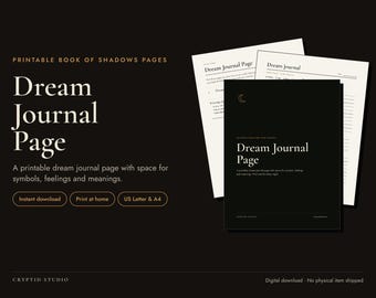 Puede incluir: Un conjunto de páginas imprimibles del Libro de las Sombras que incluye una página de diario de sueños. Los documentos contienen páginas blancas con texto negro y una página negra con texto blanco, mostrando el título Dream Journal Page.