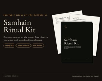 Puede incluir: Un kit de ritual de Samhain imprimible en un documento PDF de 13 páginas. El kit incluye una guía de altar, tres rituales, una tirada de tarot para el año venidero y páginas de diario. El texto dice Samhain Ritual Kit y Cryptid Studio.