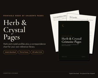 Puede incluir: Páginas imprimibles para el Libro de las Sombras con hojas de grimorio de hierbas y cristales. El set incluye perfiles de hierbas y una tabla de correspondencia. El texto dice Printable Book of Shadows Pages y Herb & Crystal Grimoire Pages.