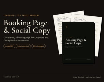 Puede incluir: Un conjunto de plantillas digitales en PDF de 6 páginas para lectores de tarot titulado Booking Page & Social Copy. El documento incluye descargos de responsabilidad, preguntas frecuentes, pies de foto y respuestas DM, con portada negra y texto blanco.