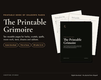 Puede incluir: Un conjunto de páginas imprimibles para un Libro de las Sombras con una portada negra titulada The Printable Grimoire con un icono de luna creciente. Las páginas blancas adicionales incluyen un registro de fases lunares.