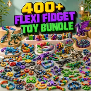 Könnte beinhalten: Eine große Sammlung bunter, beweglicher Kunststoff-Fidget-Spielzeuge, darunter Drachen, Eidechsen, Dinosaurier, Zahnräder und geometrische Formen. Ein Schild zeigt den Text 400+ FLEXI FIDGET TOY BUNDLE in fetten gelben, violetten und grünen Buchstaben.