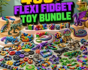 May include: A large collection of colorful plastic articulated fidget toys including dragons, lizards, dinosaurs, gears, and geometric shapes. The display features a prominent sign reading 400+ FLEXI FIDGET TOY BUNDLE in bold yellow, purple, and green letters.