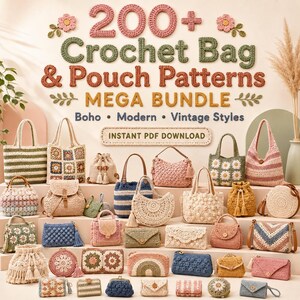 Puede incluir: Una colección digital de 200+ patrones de bolsos y estuches de ganchillo Mega Bundle con varios estilos. La imagen muestra numerosos bolsos y estuches tejidos a ganchillo en diversas formas, tamaños y colores, incluyendo diseños florales y rayas.
