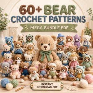 Puede incluir: Una colección de más de 60 osos de peluche tejidos a ganchillo en varios colores y atuendos, mostrada con el texto 60+ BEAR CROCHET PATTERNS MEGA BUNDLE PDF. La imagen incluye ovillos de lana y un ganchillo, mostrando diversos diseños.
