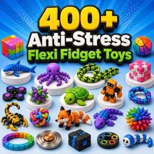 Op de afbeelding: Een verzameling van diverse kleurrijke plastic fidget-speeltjes, waaronder een haai, octopus, slang, schildpad, vos, schorpioen, hagedis, rups, kubussen, spinners en getextureerde ballen onder de tekst 400+ Anti-Stress Flexi Fidget Toys.