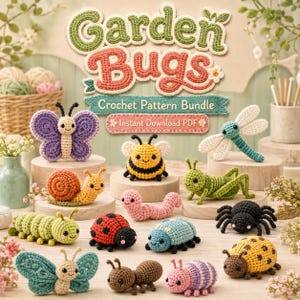 May include: A collection of small, crocheted garden bugs including a purple butterfly, yellow bee, green dragonfly, snail, pink worm, green caterpillar, ladybug, blue beetle, black spider, brown ant, and yellow beetle with the text Garden Bugs Crochet Pattern Bundle.