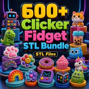 Puede incluir: Una colección digital de 600+ Clicker Fidget STL Bundle con varios modelos 3D que incluyen un robot, dinosaurio, gato, té boba, huella, mando de juego, flor, donut, cupcake, unicornio, arcoíris y monstruo sobre pedestales de colores.