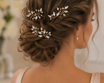 3 Piece Crystal Bridal Hair Pin Set, Silver Rhinestone Leaf Wedding Hair Pins, Sparkly Bridal Hairpiece, Bride Hair Accessories