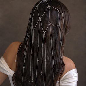 Crystal Waterfall Bridal Headpiece, Silver Draped Hair Chain Headband, Long Wedding Hair Accessory for Bride