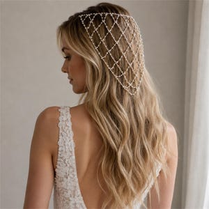 Pearl Bridal Headpiece, Draped Wedding Hair Chain, Silver Pearl Hair Net, Bridal Head Jewelry for Bride and Bridesmaid