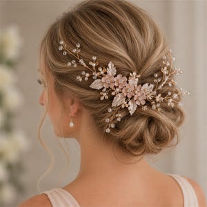 Könnte beinhalten: Ein goldfarbener Haarkamm mit zarten rosa Blütenakzenten, metallischen Blättern und klaren Kristallperlen an dünnen Drahtzweigen. Das dekorative Stück ist in einem weitläufigen, asymmetrischen Design angeordnet, das im Haar sitzt.