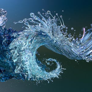 May include: A dynamic digital art composition featuring a swirling wave of translucent blue and clear water droplets. The liquid forms intricate, elongated tendrils and splashes that transition into metallic, ribbon-like strands on the right side.