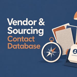 Może przedstawiać: Graficzna ilustracja z tekstem Vendor & Sourcing Contact Database, niebieskim kompasem, stosem prostokątnych kart, obrotowym plikiem kontaktów oraz wazonem z pomarańczowymi liśćmi pod wiszącą pomarańczową lampą na niebieskim tle.