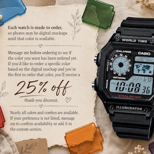 May include: A black Casio digital watch with a world time display, 10-year battery, and 5 alarms. The watch face features a map graphic, digital time, and date. Text on the paper includes information about custom orders and a 25% off thank-you discount.