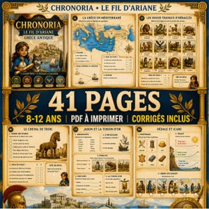 Può includere: Un libro di attività educativo di 41 pagine in PDF stampabile intitolato Chronoria Le Fil d'Ariane Grèce Antique per bambini dagli 8 ai 12 anni. Il documento presenta pagine illustrate con temi della mitologia greca, tra cui mappe e il cavallo di Troia.