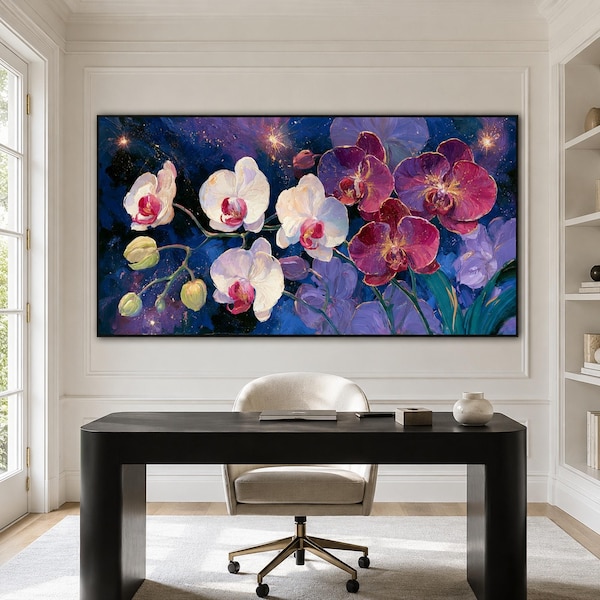 Luxury Orchid Painting Textured, Large Floral Wall Art, White & Magenta Botanical Decor for Bedroom