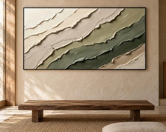 Cuadro texturizado verde salvia, pintura minimalista en lienzo 3D, decoración abstracta Japandi grande en beige y oliva.