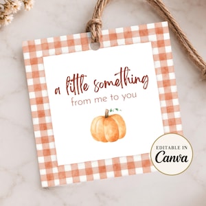 May include: A square gift tag with a light orange and white gingham border, featuring the text 'a little something from me to you' in brown script and a watercolor pumpkin illustration, attached to a piece of twine with a Canva editable label.