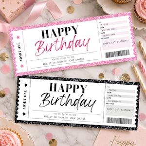 Pode incluir: Dois bilhetes de presente de aniversário retangulares marcados como Admit One. O bilhete superior tem bordas de glitter rosa com texto preto e rosa Happy Birthday. O bilhete inferior tem bordas de glitter preto com texto preto Happy Birthday.