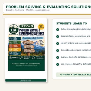 Peut inclure: Une leçon éducative de 12 pages intitulée Problem Solving & Evaluating Solutions pour les élèves de 8 à 12 ans et les adultes. La couverture présente un paysage de montagne, des panneaux en bois et des icônes sur la prise de décision.
